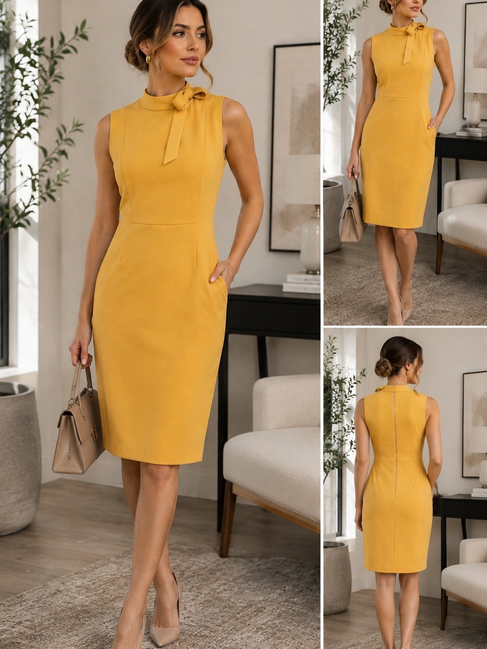 Calvin Klein Sleeveless Tie-Neck Midi Dress in Mustard Yellow